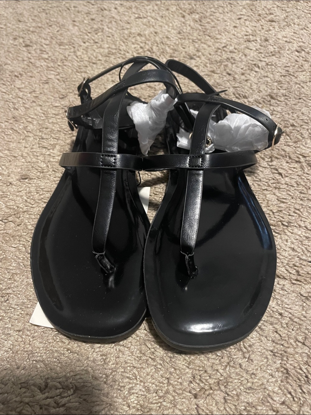 Women's Black T-Strap Glossy Sandals